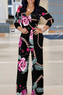 Black Casual Print V Neck Regular Jumpsuits