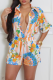 Blue Casual Print Buckle Shirt Collar Half Sleeve Two Pieces