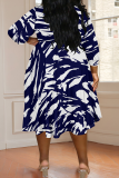 Black khaki Casual Print Strap Design V Neck Long Plus Size Dresses