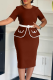 Brown Office lady Elegant Solid Color With Belt Contrast O Neck Wrapped Skirt Dresses