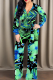 Turquoise Casual Print Strap Design V Neck Regular Jumpsuits