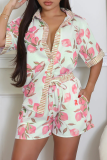 Pink Casual Print Buckle Shirt Collar Half Sleeve Two Pieces