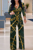Black khaki Casual Print V Neck Regular Jumpsuits