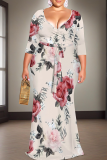 Pink Casual Print Strap Design V Neck Long Plus Size Dresses