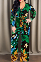 Black Green Casual Print Strap Design V Neck Regular Jumpsuits