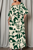 Green Casual Print Patchwork Oblique Collar Three Quarter Two Pieces