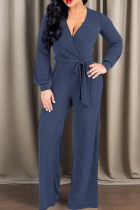 Gray Blue Casual Solid Color Strap Design V Neck Loose Jumpsuits