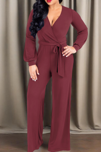 Brick Red Casual Solid Color Strap Design V Neck Loose Jumpsuits