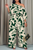 Green Casual Print Patchwork Oblique Collar Three Quarter Two Pieces