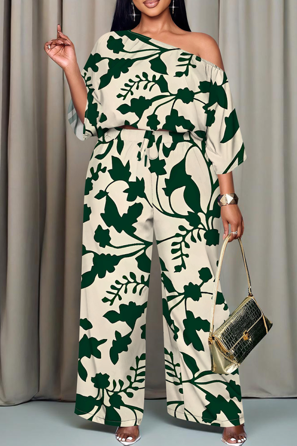 Green Casual Print Patchwork Oblique Collar Three Quarter Two Pieces