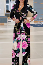 Black Pink Casual Print V Neck Regular Jumpsuits