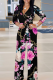 Black Pink Casual Print V Neck Regular Jumpsuits