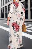 Pink Casual Print Strap Design V Neck Long Plus Size Dresses