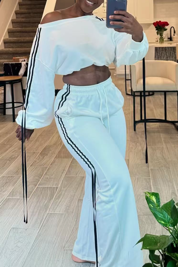 White Casual Strap Design Oblique Collar Long Sleeve Two Pieces
