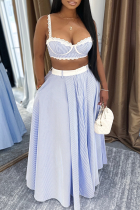 Blue Sexy Stripe Lace Pocket Spaghetti Strap Sleeveless Two Pieces