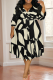 Black khaki Casual Print Strap Design V Neck Long Plus Size Dresses