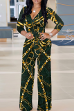 Black khaki Casual Print V Neck Regular Jumpsuits