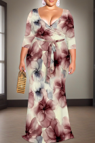 Pink Casual Print Strap Design V Neck Long Plus Size Dresses