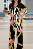 Black khaki Casual Print V Neck Regular Jumpsuits