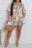 Pink Casual Print Buckle Shirt Collar Half Sleeve Two Pieces