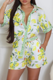 Pink Casual Print Buckle Shirt Collar Half Sleeve Two Pieces