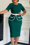 Green Office lady Elegant Solid Color With Belt Contrast O Neck Wrapped Skirt Dresses