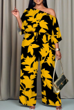 Green Casual Print Patchwork Oblique Collar Three Quarter Two Pieces