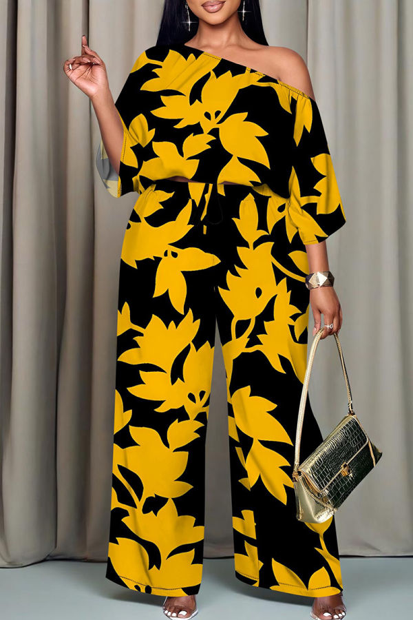 Black Yellow Casual Print Patchwork Oblique Collar Three Quarter Two Pieces