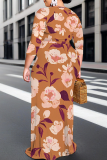 Pink Casual Print Strap Design V Neck Long Plus Size Dresses