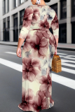 Pink Casual Print Strap Design V Neck Long Plus Size Dresses