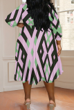 Black khaki Casual Print Strap Design V Neck Long Plus Size Dresses