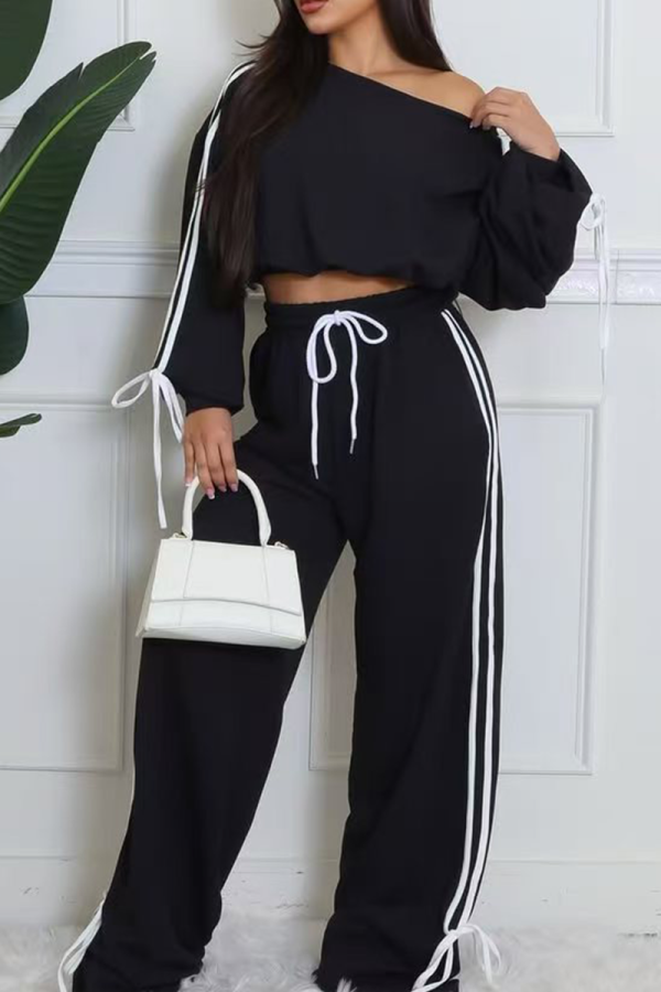 Black Casual Strap Design Oblique Collar Long Sleeve Two Pieces