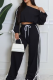 Black Casual Strap Design Oblique Collar Long Sleeve Two Pieces
