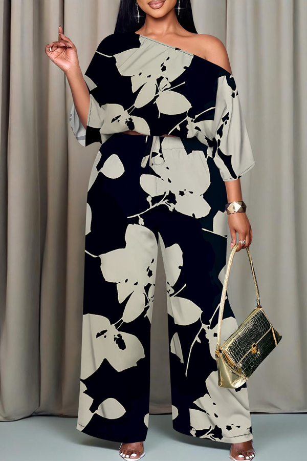 Navy Blue Casual Print Patchwork Oblique Collar Three Quarter Two Pieces
