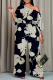 Navy Blue Casual Print Patchwork Oblique Collar Three Quarter Two Pieces