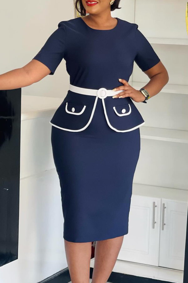 Deep Blue Office lady Elegant Solid Color With Belt Contrast O Neck Wrapped Skirt Dresses
