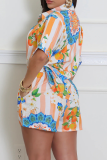 Pink Casual Print Buckle Shirt Collar Half Sleeve Two Pieces
