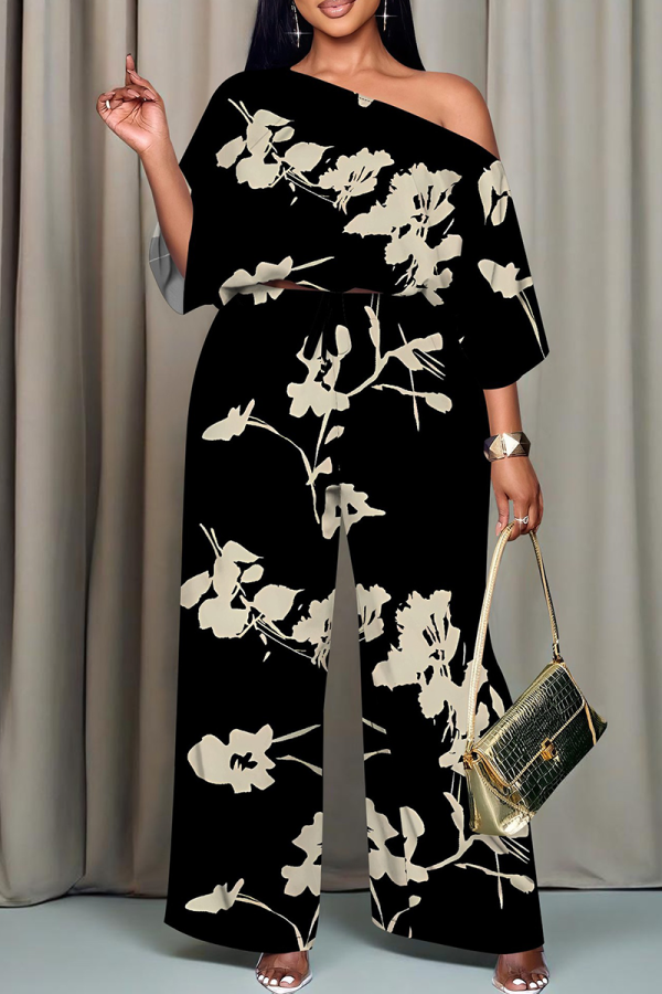 Black Casual Print Patchwork Oblique Collar Three Quarter Two Pieces