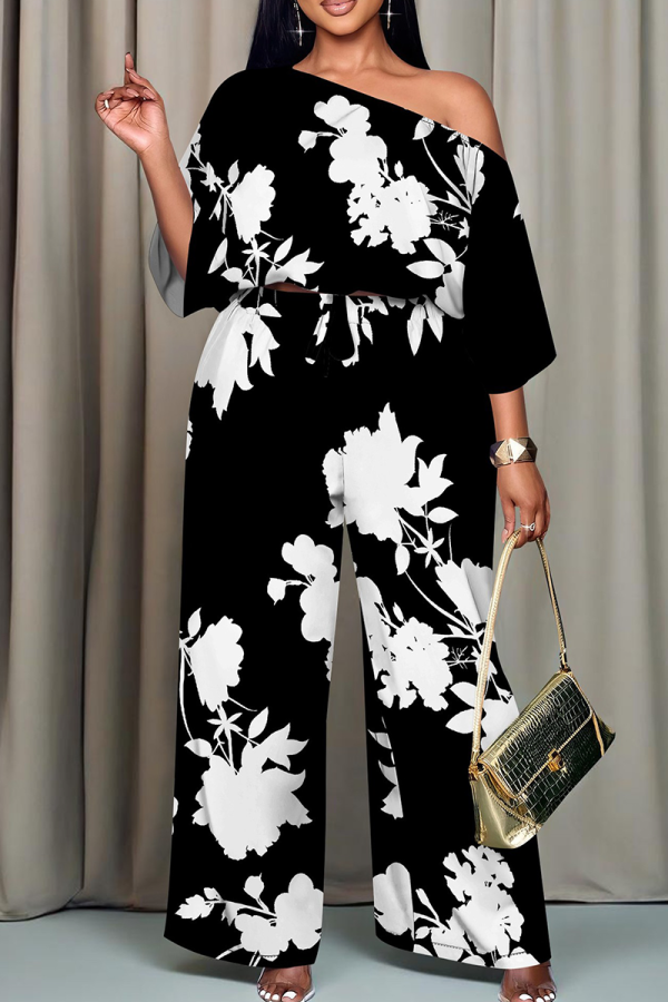 Black And White Casual Print Patchwork Oblique Collar Three Quarter Two Pieces
