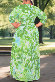 Green Casual Print Strap Design V Neck Long Plus Size Dresses