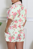 Pink Casual Print Buckle Shirt Collar Half Sleeve Two Pieces
