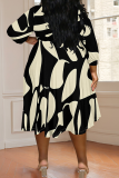 Black khaki Casual Print Strap Design V Neck Long Plus Size Dresses