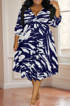 Tibetan Blue Casual Print Strap Design V Neck Long Plus Size Dresses