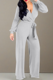 Light Gray Casual Solid Color Strap Design V Neck Loose Jumpsuits