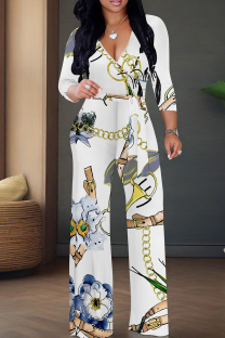 White Casual Print V Neck Regular Jumpsuits