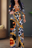 Golden Yellow Casual Print V Neck Regular Jumpsuits