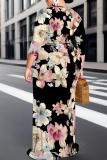 Pink Casual Print Strap Design V Neck Long Plus Size Dresses