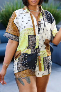 Brown Casual Print Buckle Turndown Collar Short Sleeve Two Pieces