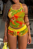 Yellow Sexy Print U Neck Sleeveless Two Pieces