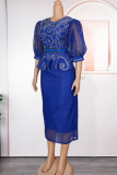 Colorful Blue Elegant Solid Color With Belt Hot Drill O Neck Wrapped Skirt Plus Size Dresses